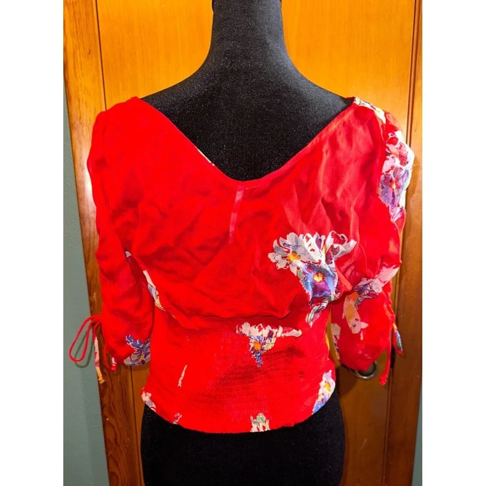 Free People Back On Top Red‎ Floral Smocked Tie Front Summer Crop Top Boho Small